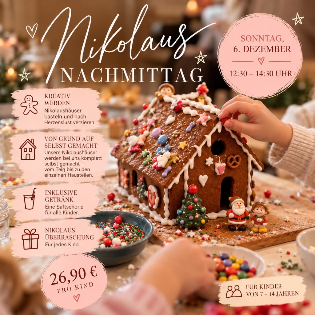 Nikolaus-Nachmittag: Kinder verzieren ein selbst gemachtes Nikolaushäuschen, Sonntag 6. Dezember, 12:30–14:30 Uhr